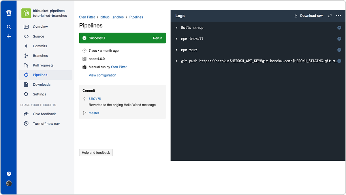 Screenshot eines erfolgreichen Pipeline-Deployments | Atlassian CI/CD