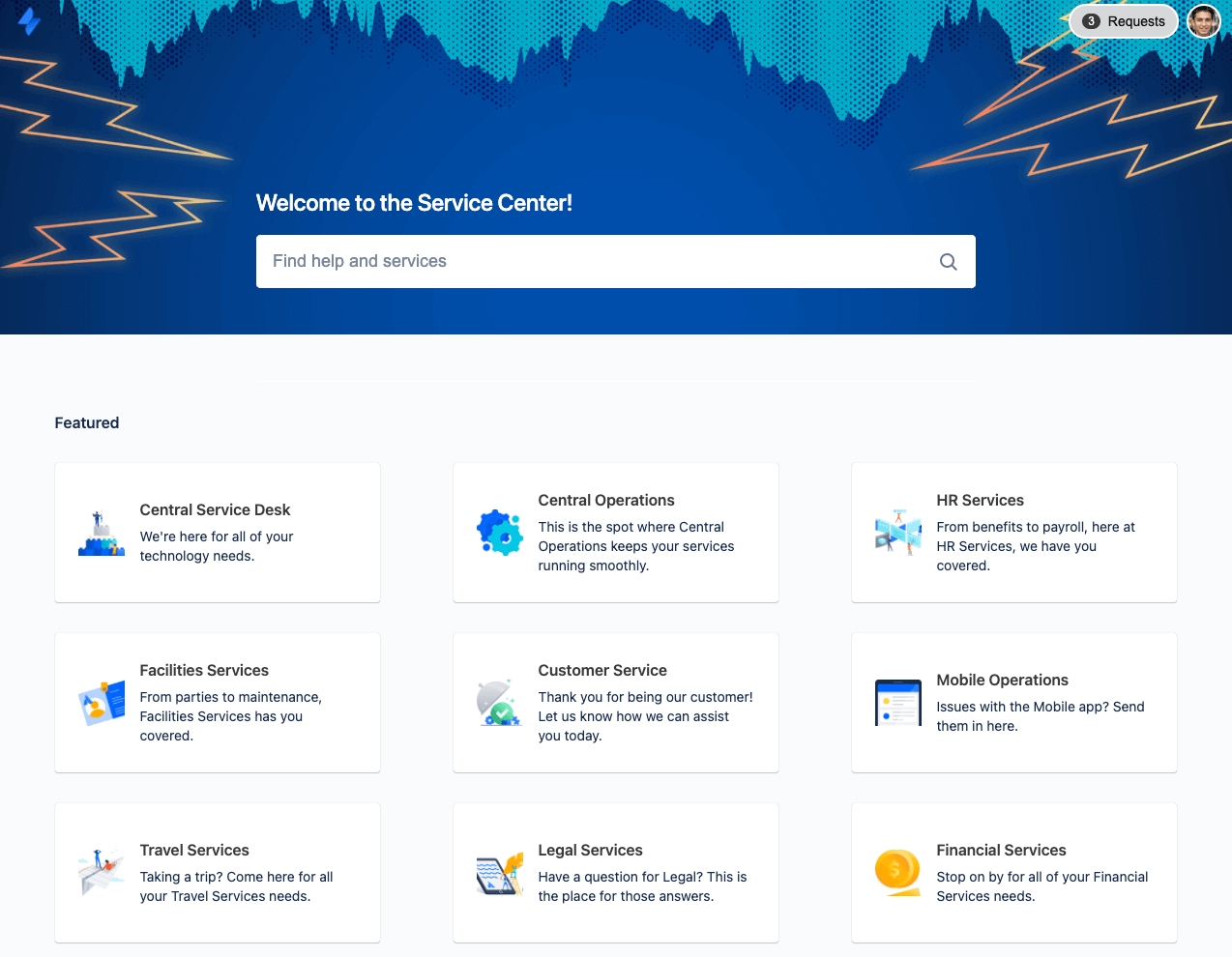 Captura de tela do centro de serviços no Jira Service Management