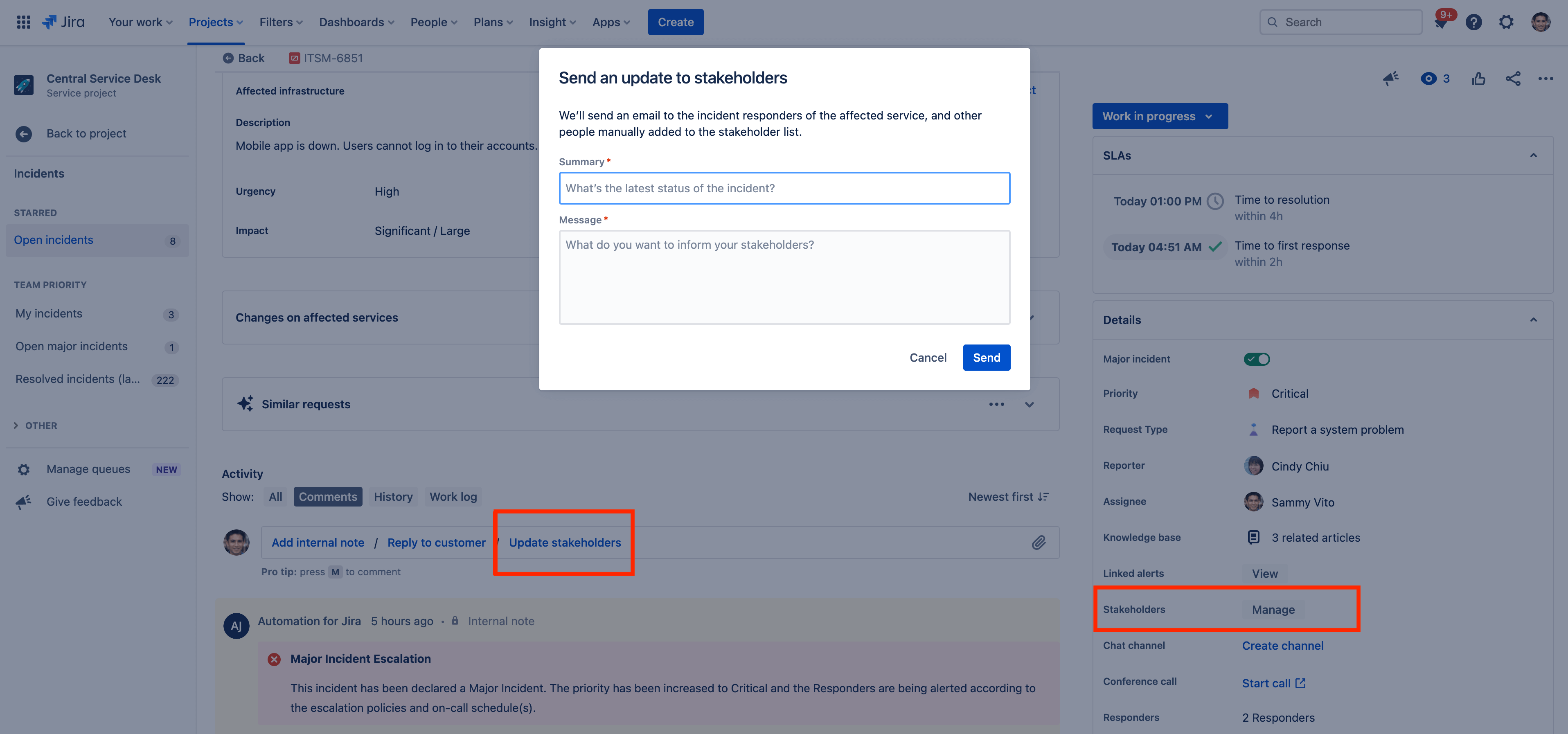 Отправка новостей об инцидентах внутренним заинтересованным лицам в Jira Service Management