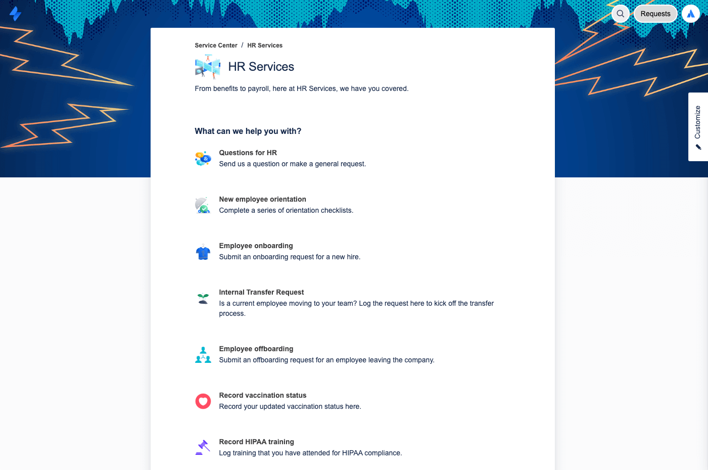 Capture d'écran des types de demandes RH disponibles sur le portail client