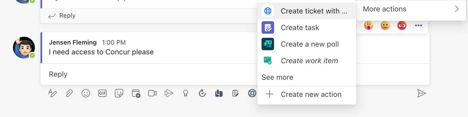 Korzystanie z akcji wiadomości polegającej na utworzeniu zgłoszenia na kanale wniosków Microsoft Teams